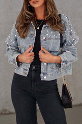 Chaqueta vaquera informal de manga larga con cuello vuelto y cuentas lisas (3 colores)